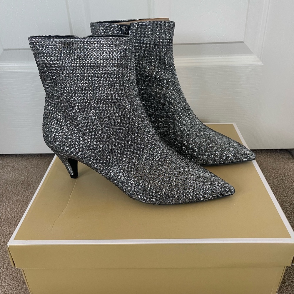 Michael Michael Kors Silver Heeled Boots with Kitten Heel and Pointed Toe